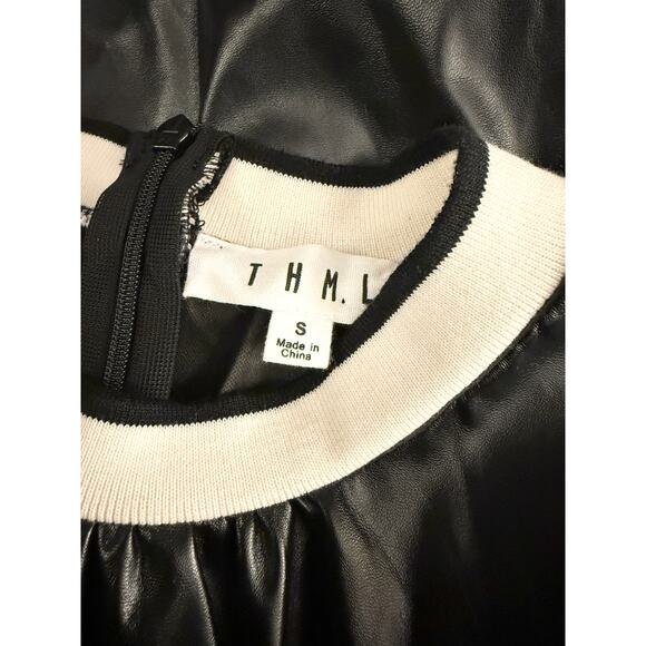 THML Small Black Faux Leather Short Flutter Sleeve Flowy Blouse Knit Neck - Picture 3 of 11